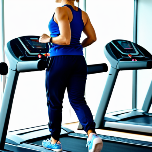 Home 11 Beginner's Treadmill Walk**
A fully clothed woman in athletic wear (tracksuit, sneakers) walking on a treadmill in a bright, modern gym. She is smiling slightly, looking ahead. The treadmill display shows a moderate pace and a slight incline. Background: other gym equipment and people exercising. Safe for work, appropriate content, fully clothed, professional, modest, perfect anatomy, correct proportions, natural pose, well-formed hands, proper finger count, natural body proportions, high quality.
**