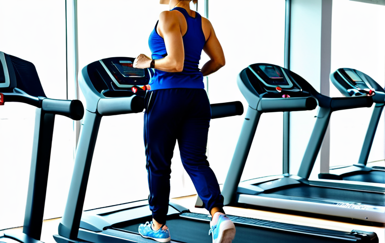 Beginner's Treadmill Walk**

A fully clothed woman in athletic wear (tracksuit, sneakers) walking on a treadmill in a bright, modern gym. She is smiling slightly, looking ahead. The treadmill display shows a moderate pace and a slight incline. Background: other gym equipment and people exercising. Safe for work, appropriate content, fully clothed, professional, modest, perfect anatomy, correct proportions, natural pose, well-formed hands, proper finger count, natural body proportions, high quality.

**