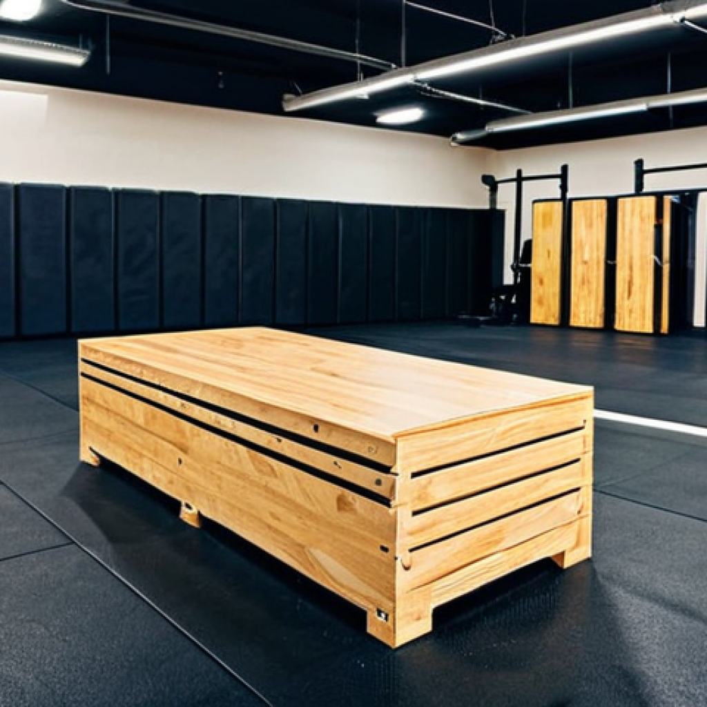 크로스핏 박스점프 박스 리뷰 - Wooden Plyo Box** "A well-lit CrossFit gym interior, featuring a sturdy wooden plyo box, clean and ...