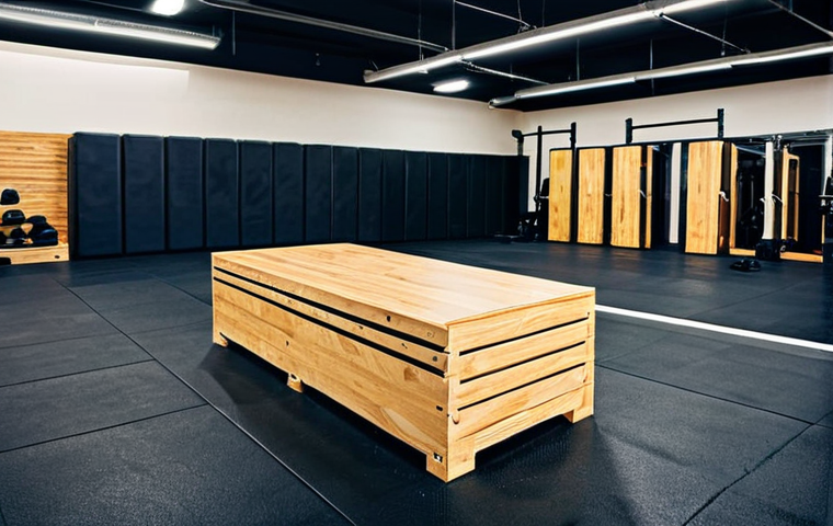크로스핏 박스점프 박스 리뷰 - Wooden Plyo Box** "A well-lit CrossFit gym interior, featuring a sturdy wooden plyo box, clean and ...