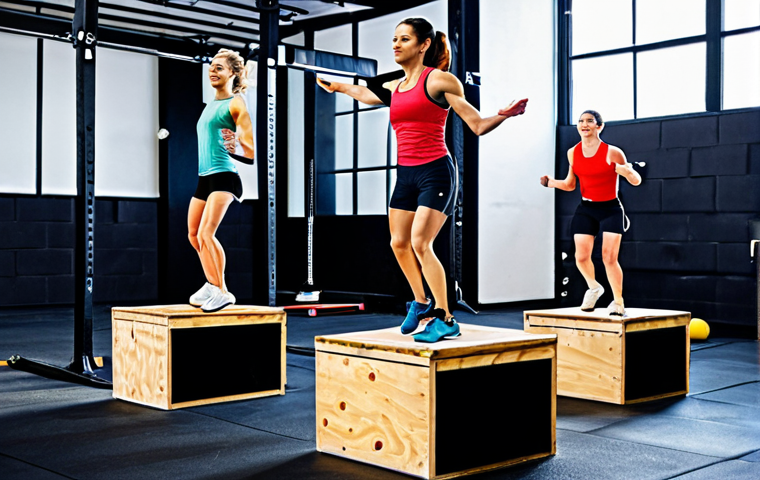 크로스핏 박스점프 박스 리뷰 - Wooden Plyo Box** "A well-lit CrossFit gym interior, featuring a sturdy wooden plyo box, clean and ...