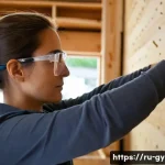 Home 12 홈트레이닝 DIY용 우드 플라이오 박스 - **A Focused DIY Plyobox Construction** A determined woman, in her early 30s, wearing practical w...