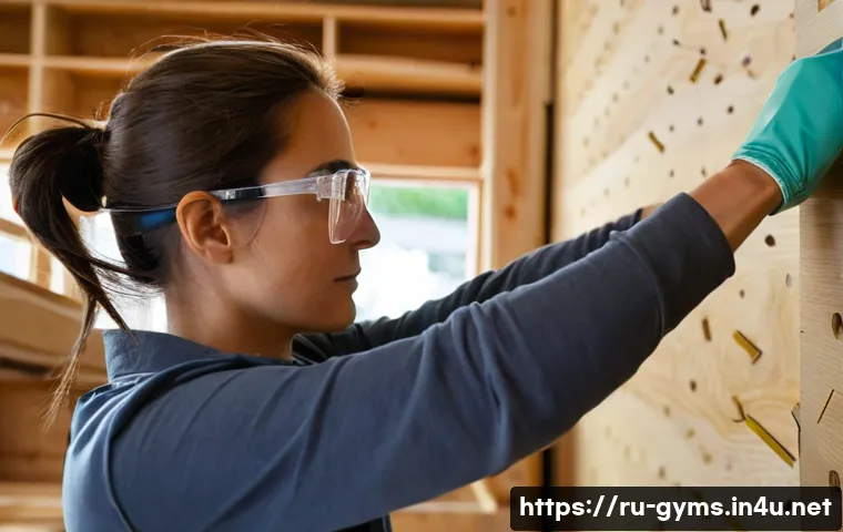 홈트레이닝 DIY용 우드 플라이오 박스 - **A Focused DIY Plyobox Construction** A determined woman, in her early 30s, wearing practical w...
