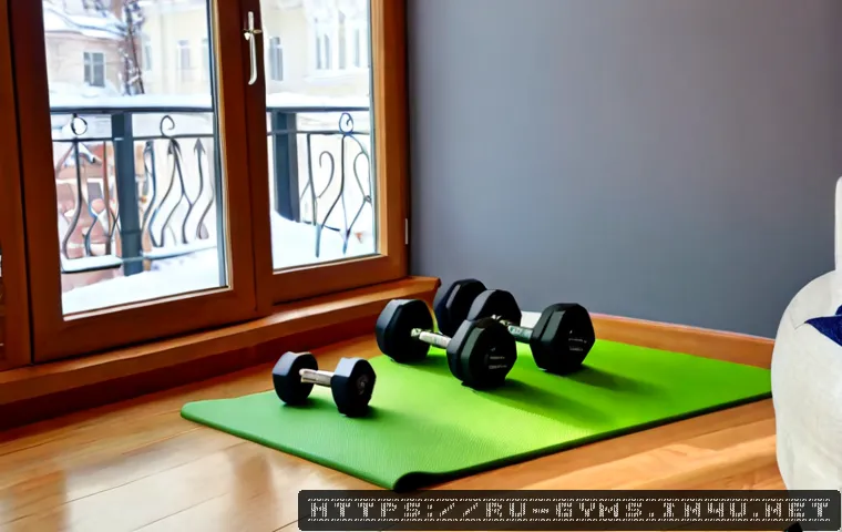Home 13 운동기구 보관 팁과 공간 활용법 - Photorealistic compact Moscow apartment living room with a neatly organized home workout corner, adj...