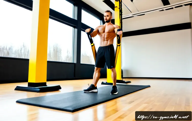 Home 12 TRX 서스펜션 트레이너의 활용법 - Photorealistic wide shot of a fit adult man performing a controlled TRX suspension trainer row in a ...